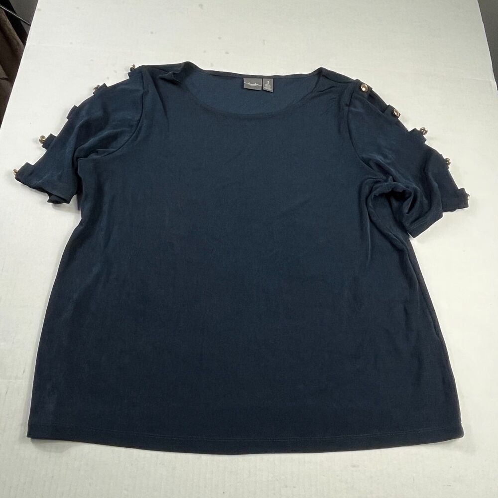 Chicos Travelers Wrinkle Resistant Top Blue Cut Out Sleeve Stretch Blouse 3 XL